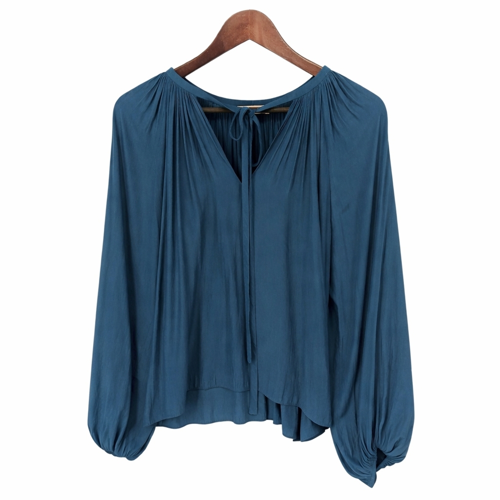 Ramy Brook Paris Teal Poet Blouse Tie Neck Peasant Top Balloon Sleeve XS